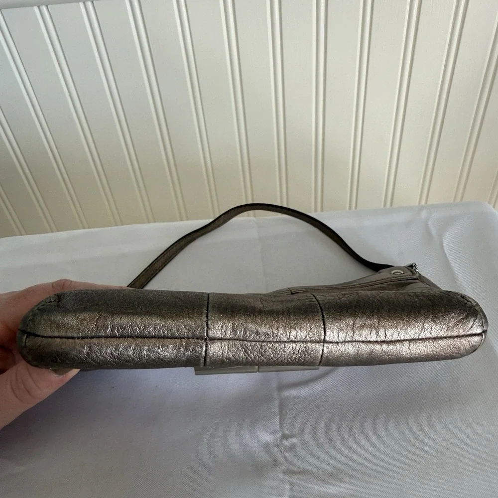COACH KRISTIN Soft Pebbled Leather Silver Metallic Wristlet Top Handle Mini Bag